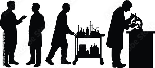 Silhouette of four men in lab coats interacting in a laboratory setting with various equipment