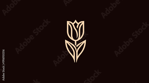 A minimalist tulip design, creamy off-white outline on a dark brown background. Simple and elegant