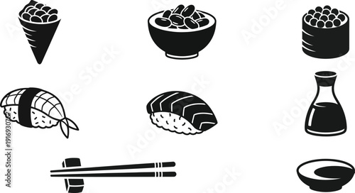 Sushi Icons Including Cone Roll Bowl Soy Sauce And Chopsticks food japanese