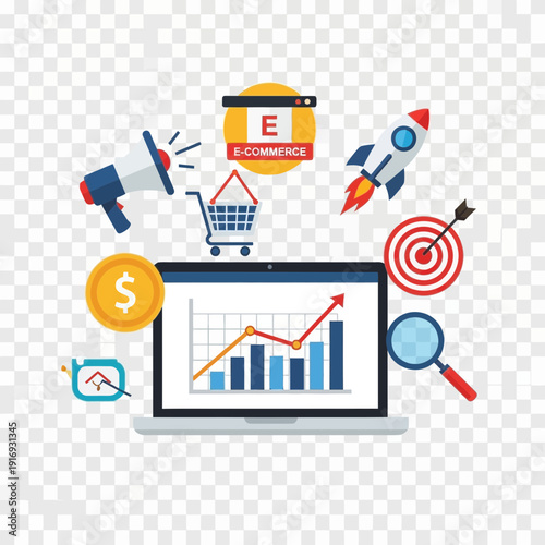Digital marketing concepts with laptop analytics and growth chart.