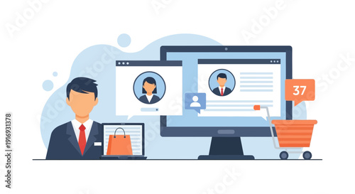 Online shopping and customer profiles on digital devices.