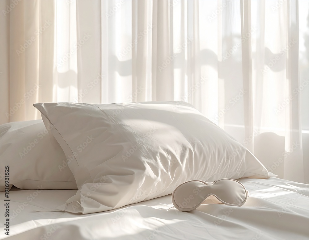 Obraz premium Minimalist bedroom still life with neatly arranged pillow, sleep mask, and soft morning light entering through curtains.