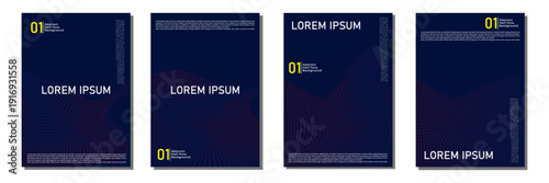 Set of four abstract minimalist poster designs featuring red and purple halftone dot waves with dynamic mesh patterns on a dark navy blue background for modern creative branding and digital layouts.