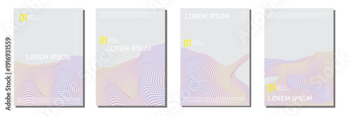 Set of four abstract minimalist poster designs featuring colorful halftone dot waves with vibrant gradients on a clean white background for modern branding and creative layouts.