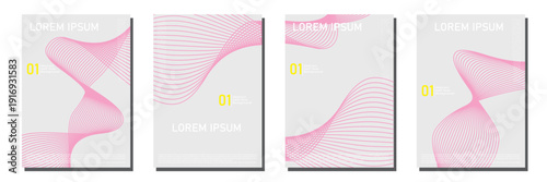 Set of four abstract minimalist poster designs featuring vibrant pink linear flowing waves mesh patterns on a clean light grey background for modern creative branding and professional digital layouts.