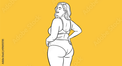 Happy plus size woman in lingerie posing back view vector illustration