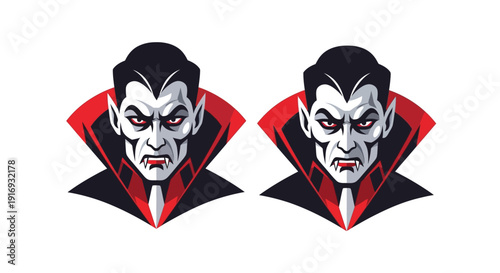Two identical vampire head illustrations with red accents and sharp fangs