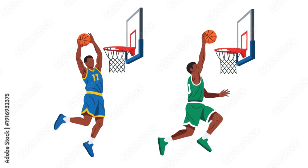 Fototapeta premium Two basketball players in mid air preparing to dunk the ball