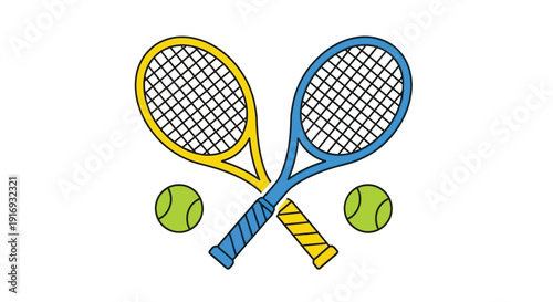 Two tennis rackets crossed with tennis balls a colorful illustration