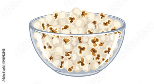 A clear glass bowl filled to the brim with fluffy popcorn