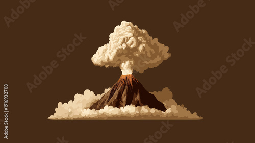 Pixelated illustration of a volcano erupting with a large mushroom cloud against a brown background
