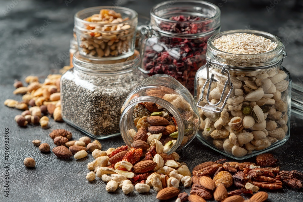 Fototapeta premium Jars Of Nuts And Seeds With Spices