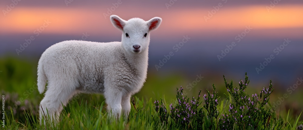 Fototapeta premium A newborn lamb with soft wool stands in green grass at sunset