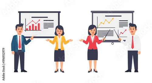 Business professionals presenting data and charts in a meeting setting