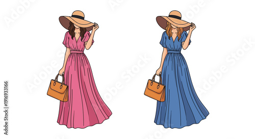 Two fashionable women in summer dresses and wide brimmed hats