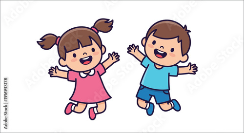 Two cheerful children a boy and a girl are joyfully jumping
