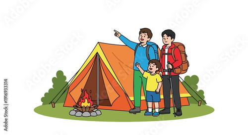 Family camping with a tent and campfire enjoying the outdoors together