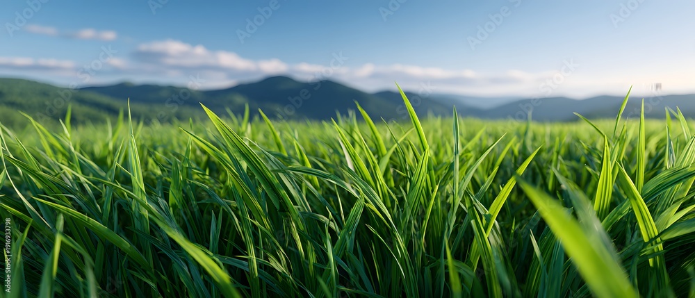 Fototapeta premium Grass sways gently in a field under a clear blue sky in springtime