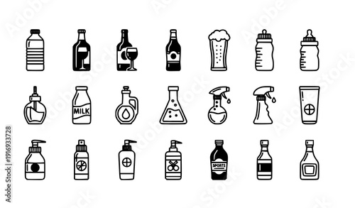 Minimal Flat Bottle Icon Set Collection Isolated on White Background Vector Illustration