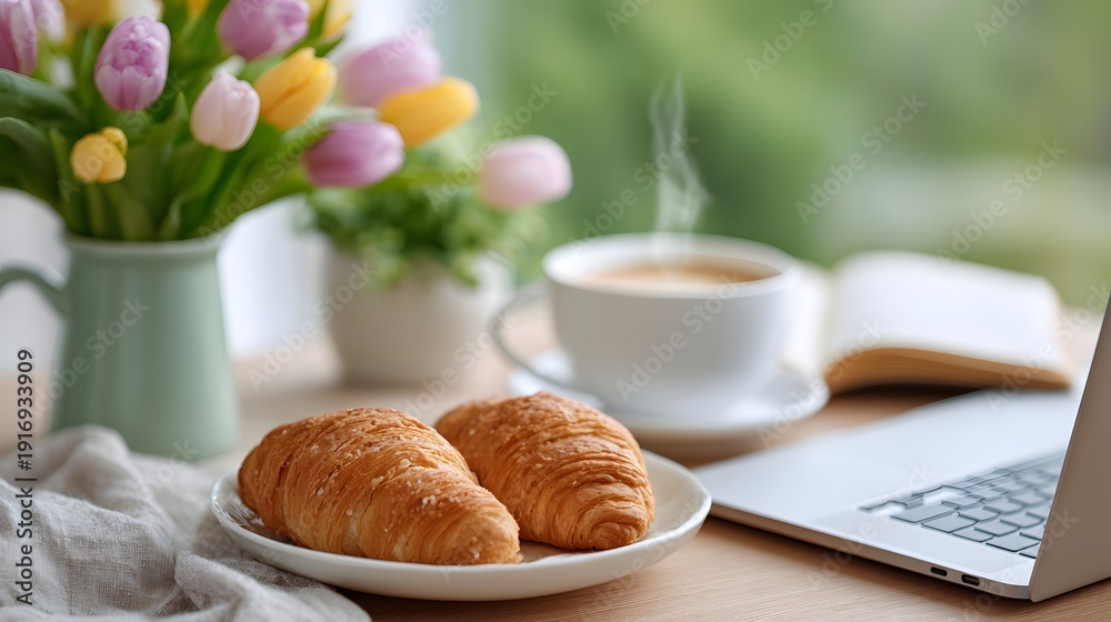 Fototapeta premium Table set with flowers, coffee, and croissants for Womens Day celebration