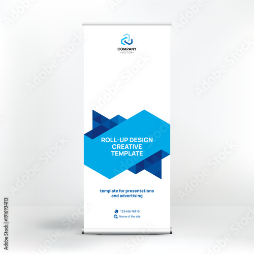 Banner design, roll-up stand for advertising, conferences, seminars, poster template for placing photos and text. Creative background for presentation