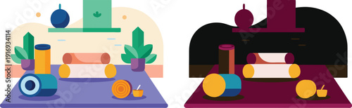 Vibrant abstract illustration of two futuristic machines in contrasting environments