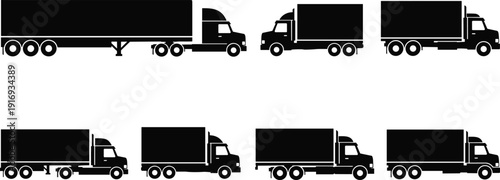 Black vector silhouette set of industrial commercial trucks and semi trailers for logistics transport shipping delivery services freight hauling and automotive transport branding