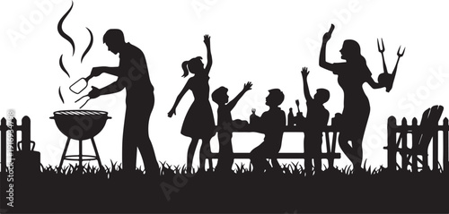 Silhouette of family barbecuing and celebrating outdoors