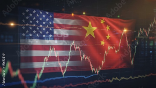 A conceptual illustration of USA and China flags with glowing golden stock market line charts