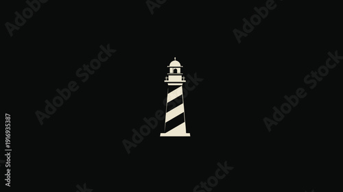 Minimalist illustration of a tall lighthouse with black and white diagonal stripes against a black backdrop