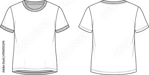 Short sleeve t-shirt technical drawing front and back view, fashion vector illustration, garment construction design, apparel manufacturing template, flat vector graphics