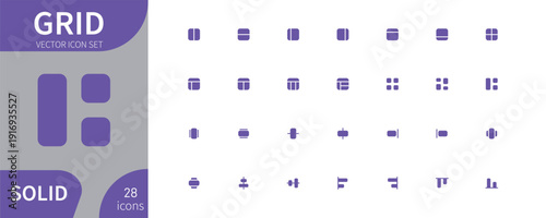A visual representation of various grid icon styles and sizes on a purple background