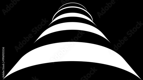 Black and white abstract with stacked curved shapes, creating depth