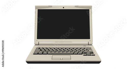 Vector illustration of a yellowed 90's laptop computer with black screen, isolated on white background