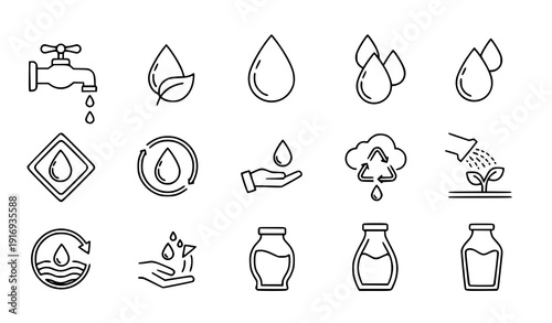 Water Conservation and Drop Line Art Icons Vector