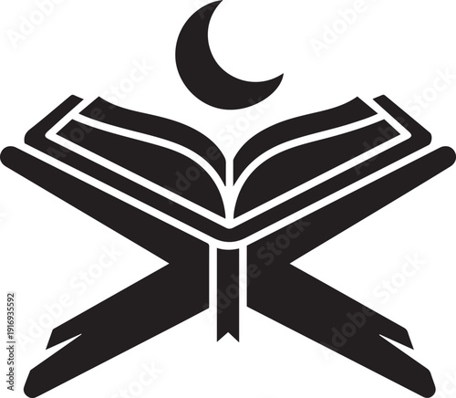 Abstract Crescent Moon and Open Book Icon with Stylized Cross Shape