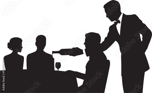 Silhouette of people at a business meeting with wine glass and tie adjustment