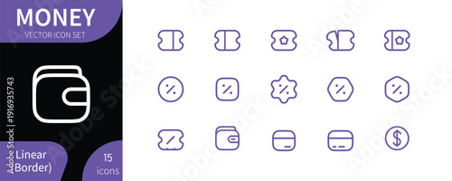 A collection of various money and financial icons in a purple and white color scheme
