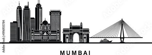 Mumbai city skyline illustration featuring iconic landmarks, bridges and urban architecture in detailed vector style
