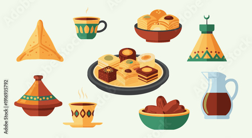 An inviting illustration of Ramadhan Kareem culinary delights featuring sweet pastries, fresh dates, and warm beverages for traditional festivities and Iftar gatherings