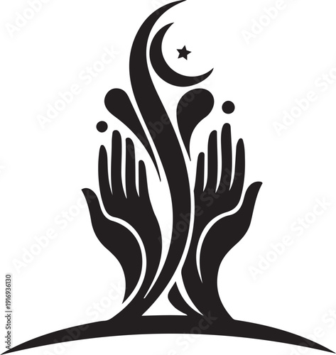 Islamic hands praying crescent moon and star symbol spiritual devotion worship faith culture stock illustration