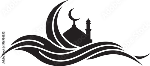 Mosque Silhouette with Crescent Moon and Flowing Waves in Islamic Art Style