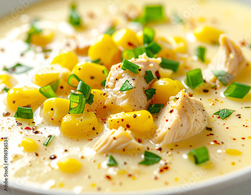 Obraz na płótnie Chicken corn chowder, macro shot. AI