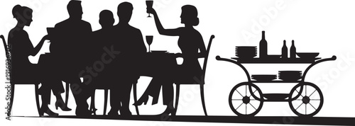 Silhouette of people dining with a beverage cart table