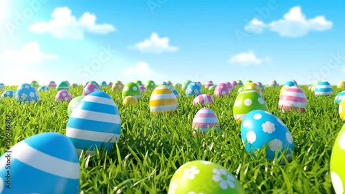 A beautiful spring landscape with countless colorful easter eggs hidden in the fresh green grass. Festive scene for a traditional holiday egg hunt under a bright blue sky