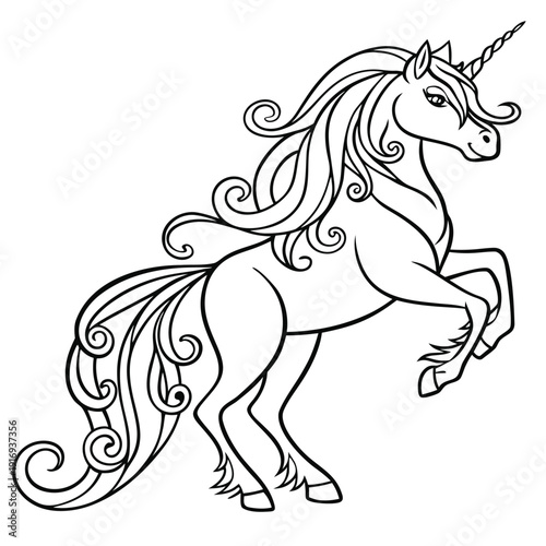 Unicorn in rearing pose (fantasy equine creature), Clean black and white line art, vector-style illustration, Magical, whimsical, elegant, powerful, fantasy-themed.