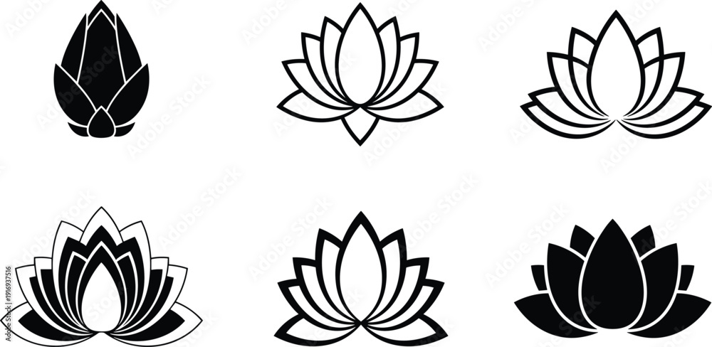 Obraz premium Stylized lotus flower icons set, spiritual nature vector illustration, decorative floral design, meditation wellness concept, purity enlightenment symbol, flat vector art graphics