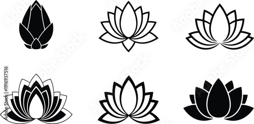 Stylized lotus flower icons set, spiritual nature vector illustration, decorative floral design, meditation wellness concept, purity enlightenment symbol, flat vector art graphics