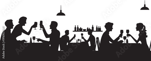 Silhouette of people toasting with glasses in a bar setting