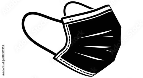 Simple black and white illustration of a face mask with elastic straps for protection against airborne pathogens and pollution